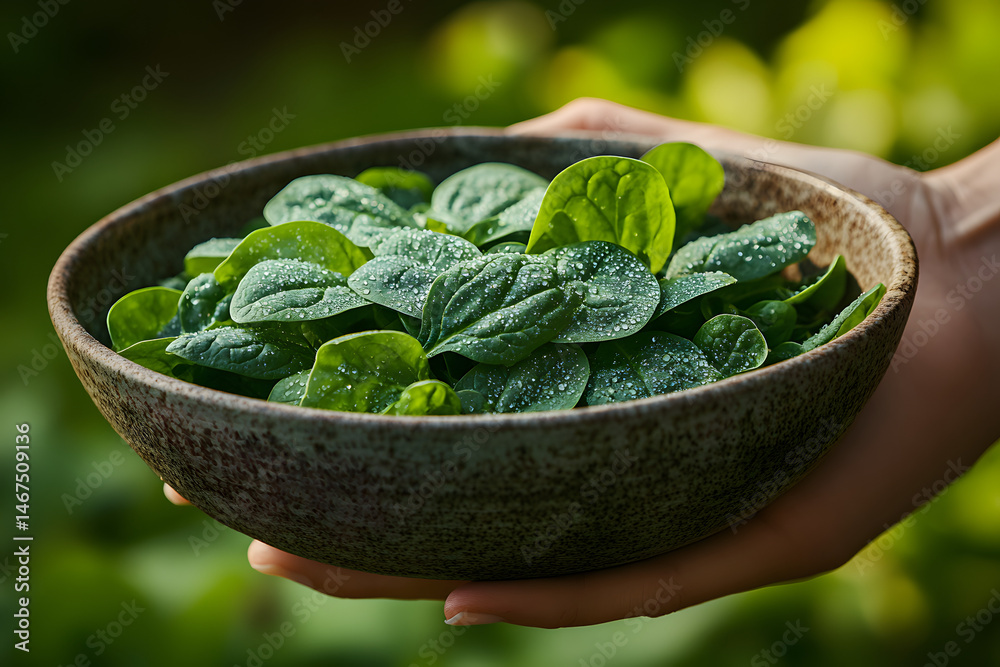 Fresh baby spinach leaves in ceramic bowl held by hand outdoors