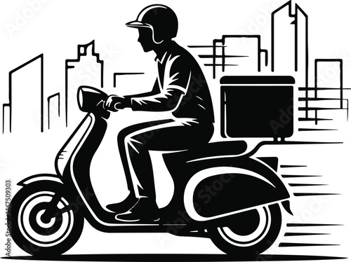 Scooter Delivery Rider Silhouette Vector for Urban Logistics, Delivery Services Graphics, Fast Food Delivery, Courier Service, and Transport Solution