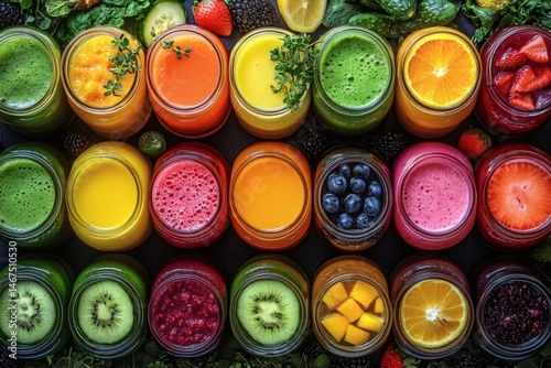 Obraz na płótnie Assorted fresh pressed fruit juices served in transparent plastic bottles arranged in circle pattern on wooden table photographed from above in daylight showcasing natural vitamin rich hydration,
w salonie