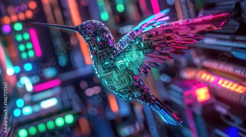 Futuristic hummingbird design with vibrant digital components.