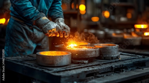 A photograph of a metalworking workshop with glowing crucibles and casting molds being heated under intense light showcasing the industrial process of casting and metalworking