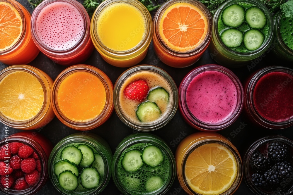 Assorted fresh pressed fruit juices served in transparent plastic bottles arranged in circle pattern on wooden table photographed from above in daylight showcasing natural vitamin rich hydration,
