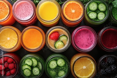 Obraz na płótnie Assorted fresh pressed fruit juices served in transparent plastic bottles arranged in circle pattern on wooden table photographed from above in daylight showcasing natural vitamin rich hydration,
w salonie