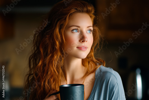 Red-haired woman in soft morning light holding a mug and gazing thoughtfully.