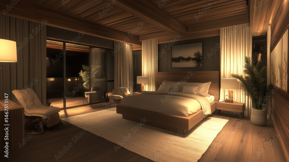 Fototapeta premium Cozy modern bedroom at night with warm lighting and plants