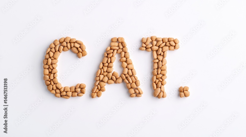 Creative Arrangement Of Cat Food Forming The Word 'CAT' On A White Background Creative Arrangement Of Cat Food Forming The Word 'CAT' On A White Background
