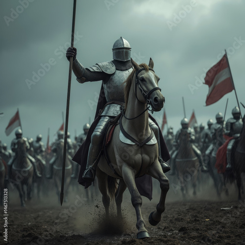 knight in shining armor rides horse, leading cavalry charge with spear. scene is dramatic, filled with other armored soldiers and flags