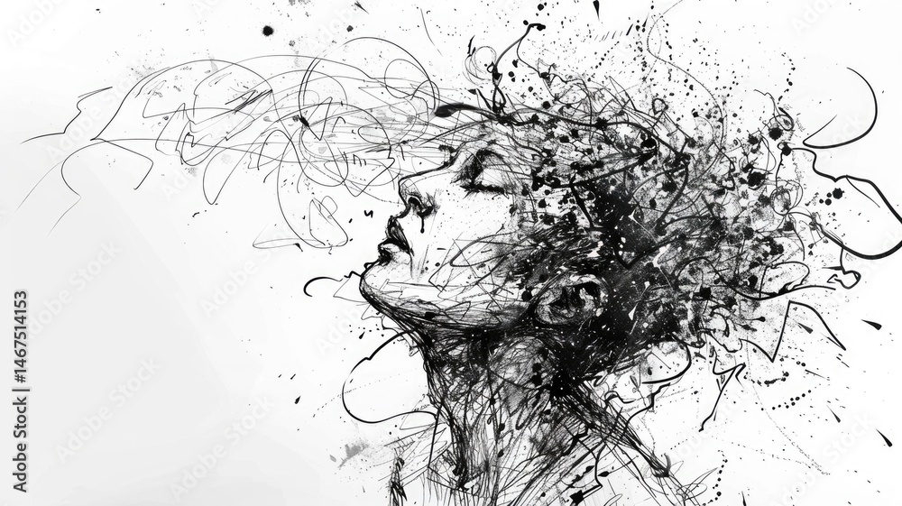 Abstract style picture of exploding particle scatter around express emotional state of human mind. Burst effect of dust represent psychological meaning convey sense of sadness and suffering. AIG53. Abstract style picture of exploding particle scatter around express emotional state of human mind. Burst effect of dust represent psychological meaning convey sense of sadness and suffering. AIG53.