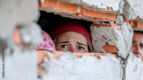 Individuals Peering Through Cracked Wall in a Damaged Building Expressing Concern and Uncertainty