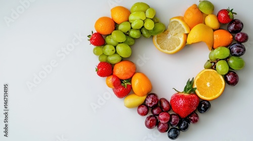 A colorful fruit arrangement in the shape of a heart, featuring a mix of fruits such as oranges, strawberries, grapes, and lemons, arranged against a white background.