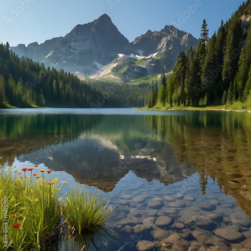 Mountain Lake in Summer Morning