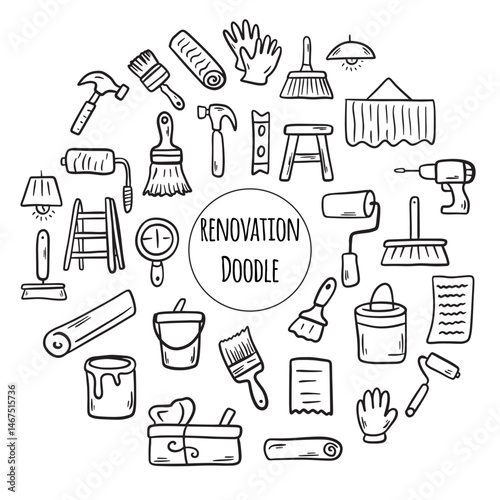 Doodle Construction tools set. Illustration of building and renovation. House repair concept collection