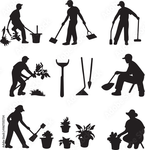 Gardening Silhouette Set: People Working with Tools, Black and White