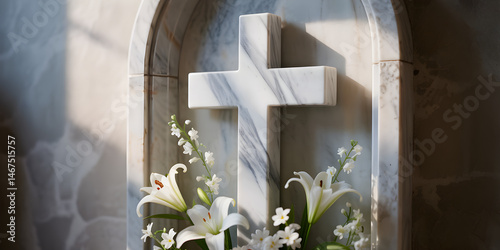 In the spiritual cemetery, a white stone cross stands as a religious symbol of Christian faith and belief in Christ, isolated against the blue sky