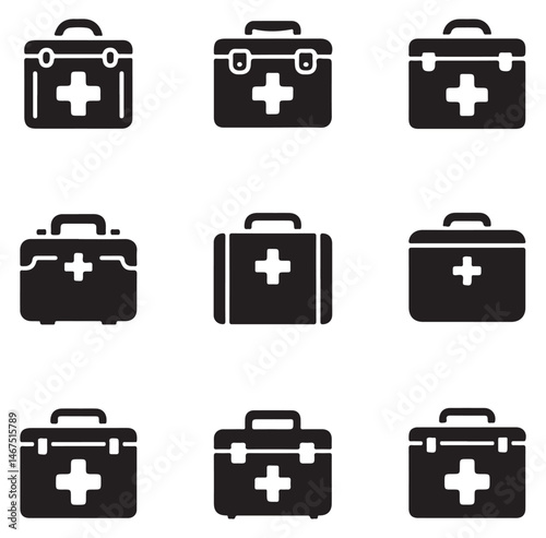 Set of black first aid kit icons with a medical cross symbol on each.