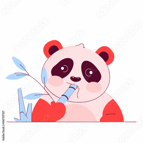 Cute panda playing with bamboo in a colorful forest animated scene whimsical style
