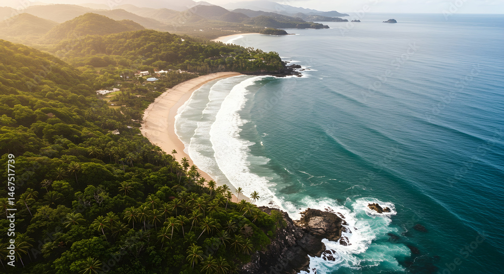 Obraz premium Serene Coastal Landscape with Gentle Waves and Lush Greenery