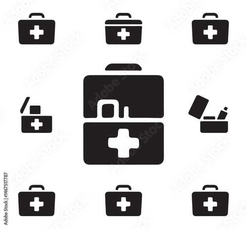 Set of black first aid kit icons with a medical cross symbol on each.