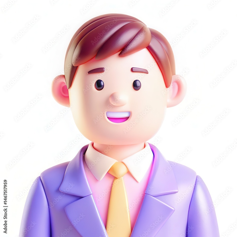 A cheerful cartoon businessman with a purple suit and orange tie, smiling against a plain white background. A cheerful cartoon businessman with a purple suit and orange tie, smiling against a plain white background.