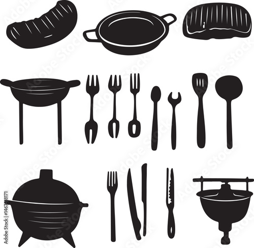 Black and White BBQ Grill and Cooking Utensils Vector Illustration