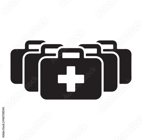 Set of black first aid kit icons with a medical cross symbol on each.