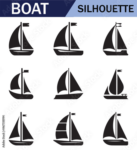 Various black  sailboat silhouettes set on a white background, featuring different sailing positions and boat styles.