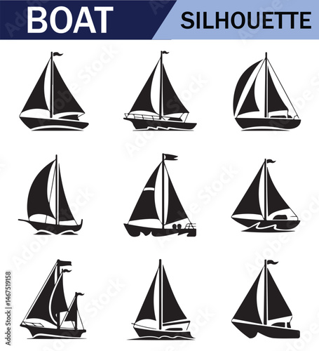 Various black  sailboat silhouettes set on a white background, featuring different sailing positions and boat styles.