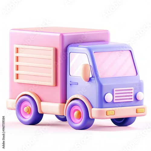 A colorful toy truck with a pink and purple design featuring rounded shapes and a playful appearance.