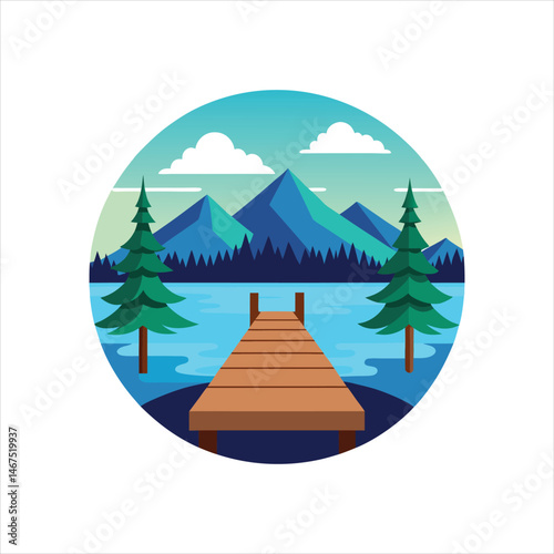 Wooden Dock on Serene Lake Vector Illustration