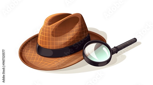 Professional Detective Hat, Pipe, and Magnifying Glass Illustration for Investigation and Mystery Concepts