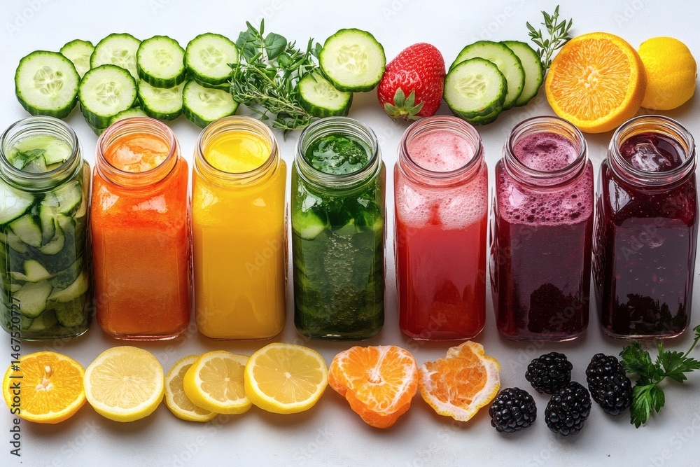 Assorted fresh pressed fruit juices served in transparent plastic bottles arranged in circle pattern on wooden table photographed from above in daylight showcasing natural vitamin rich hydration,