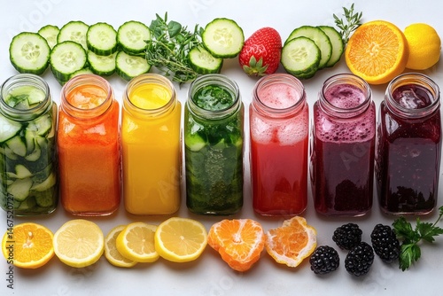 Obraz na płótnie Assorted fresh pressed fruit juices served in transparent plastic bottles arranged in circle pattern on wooden table photographed from above in daylight showcasing natural vitamin rich hydration,
w salonie