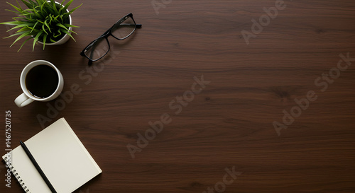 Cozy Workspace with Notebook, Coffee, Glasses, and Succulent Plant