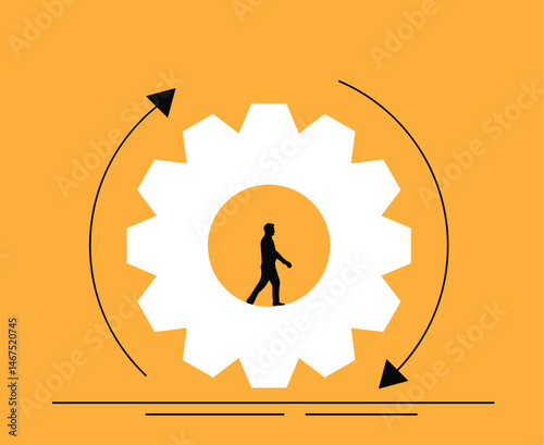 Silhouette of Business Man Walking inside Gear Cogwheel. Company CEO leader starting a new activity, being persistent and professional vector art