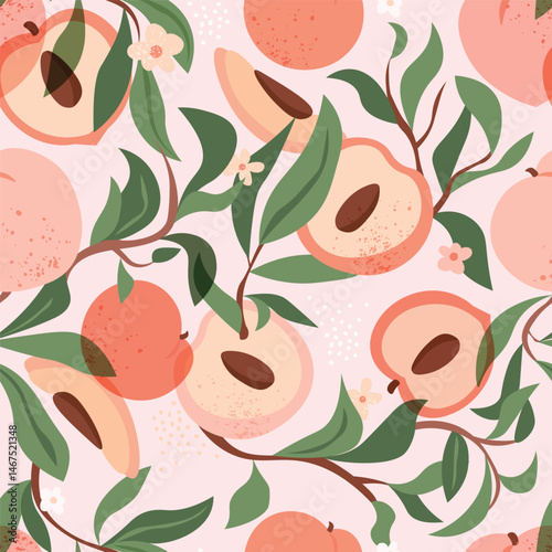 Peach tropical seamless pattern. Fruit summer background. 