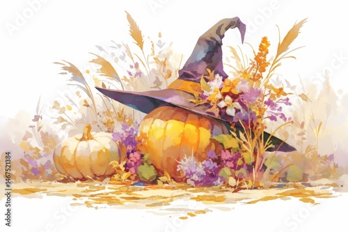 High-resolution, hyper-realistic watercolor illustration featuring a witch hat, pumpkins, and wild flowers in muted pastel tones, set against a clean white background. This detailed artwork captures t