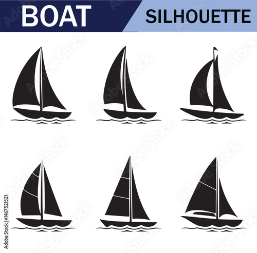 Various black  sailboat silhouettes set on a white background, featuring different sailing positions and boat styles.