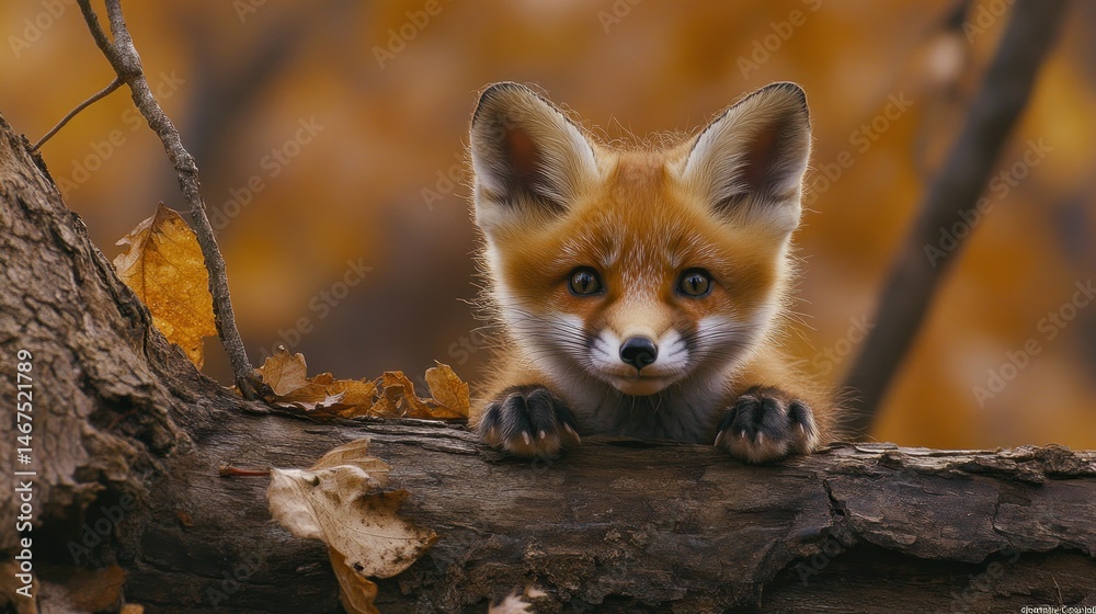 Fototapeta premium Cute red fox kit peeking through fallen leaves