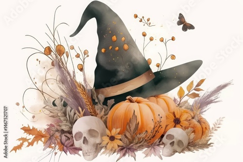 High-resolution, hyper-realistic watercolor illustration featuring a witch hat, pumpkins, and wild flowers in muted pastel tones, set against a clean white background. This detailed artwork captures t