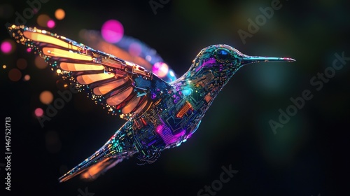 A vibrant digital hummingbird with technological components.