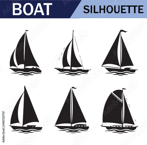 Various black  sailboat silhouettes set on a white background, featuring different sailing positions and boat styles.