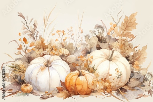 Highly detailed watercolor illustration in a fairytale cottagecore style, depicting a beautiful autumn floral frame and pumpkins. The artwork features faded soft beige, white, and light gray colors, c