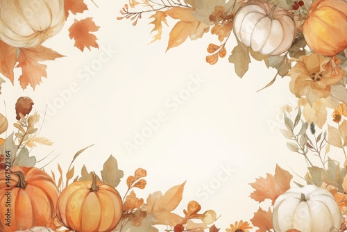 Highly detailed watercolor artwork in a fairytale cottagecore style. The piece features a beautiful autumn floral frame along with pumpkins, showcasing faded soft beige, white, and light gray colors. 