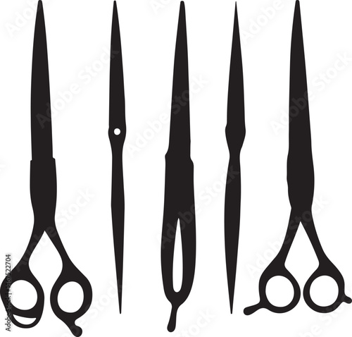 Silhouette Hair Scissors Set, Barber Tools, Black and White, Vector Illustration