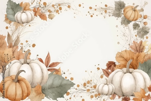 Highly detailed watercolor illustration in a fairytale cottagecore style, featuring a beautiful autumn floral frame and pumpkins. The artwork showcases faded soft beige, white, and light gray colors, 