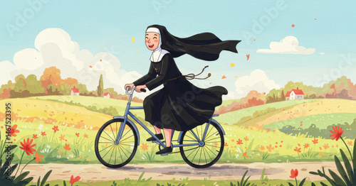Nun Cycling Through Autumn Fields - A joyful nun cycles through a picturesque autumn landscape, vibrant flowers lining the path. Sunlight streams down, creating a serene and peaceful scene