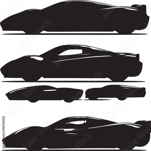 Silhouette Car Vector Illustrations: Sleek Sports Cars in Black, Side View Designs