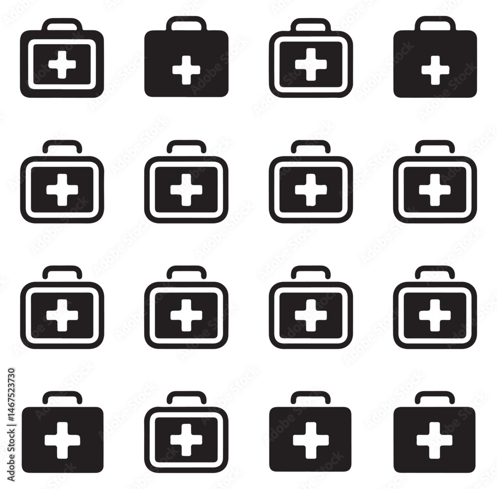 Set of black first aid kit icons with a medical cross symbol on each. Set of black first aid kit icons with a medical cross symbol on each.