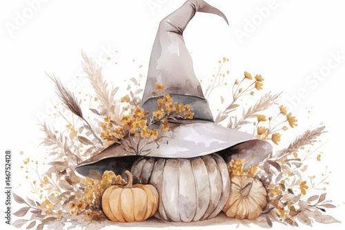 High-resolution, hyper-realistic watercolor illustration featuring a witch hat, pumpkins, and wild flowers in muted pastel tones, set against a clean white background. This detailed artwork captures t