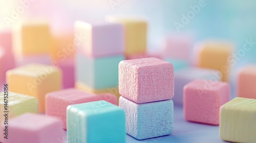 A scattered arrangement of small, square wooden blocks in various pastel and earth tone colors on a white background.